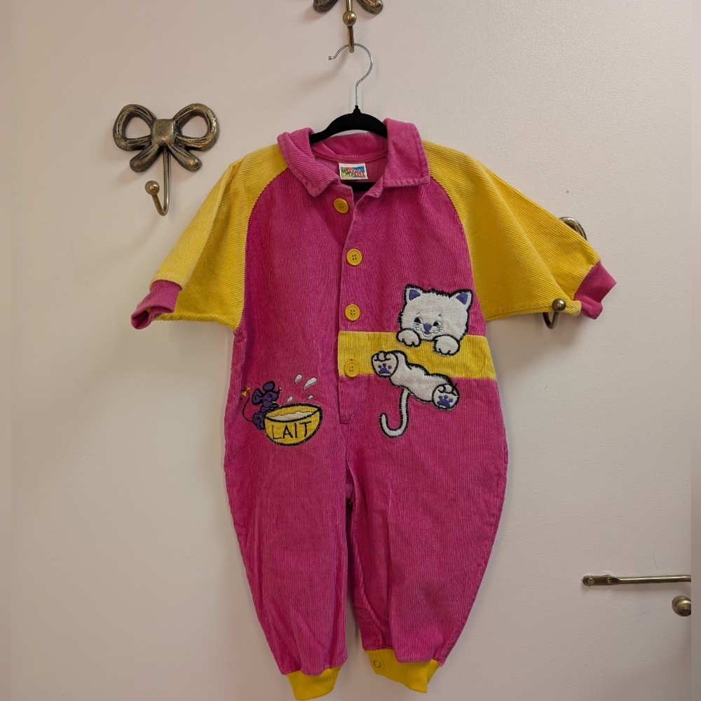Pink and Yellow Cat Embroidered Baby Romper